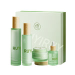 Anti-aging hydration skincare set bottles and jar front view product shot