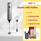 Stainless steel KJBQ-15 milk frother with egg beater head, charging cable and instructions