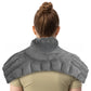 Back view of a woman wearing the gray plush neck and shoulder wrap with stand-up collar