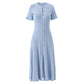 Light blue ruffle sleeve dress in soft studio lighting front detail