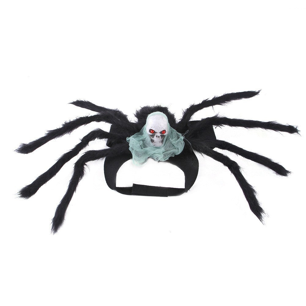 Spider back pet costume with hook and loop chest strap and a red eyed skull on a plain background