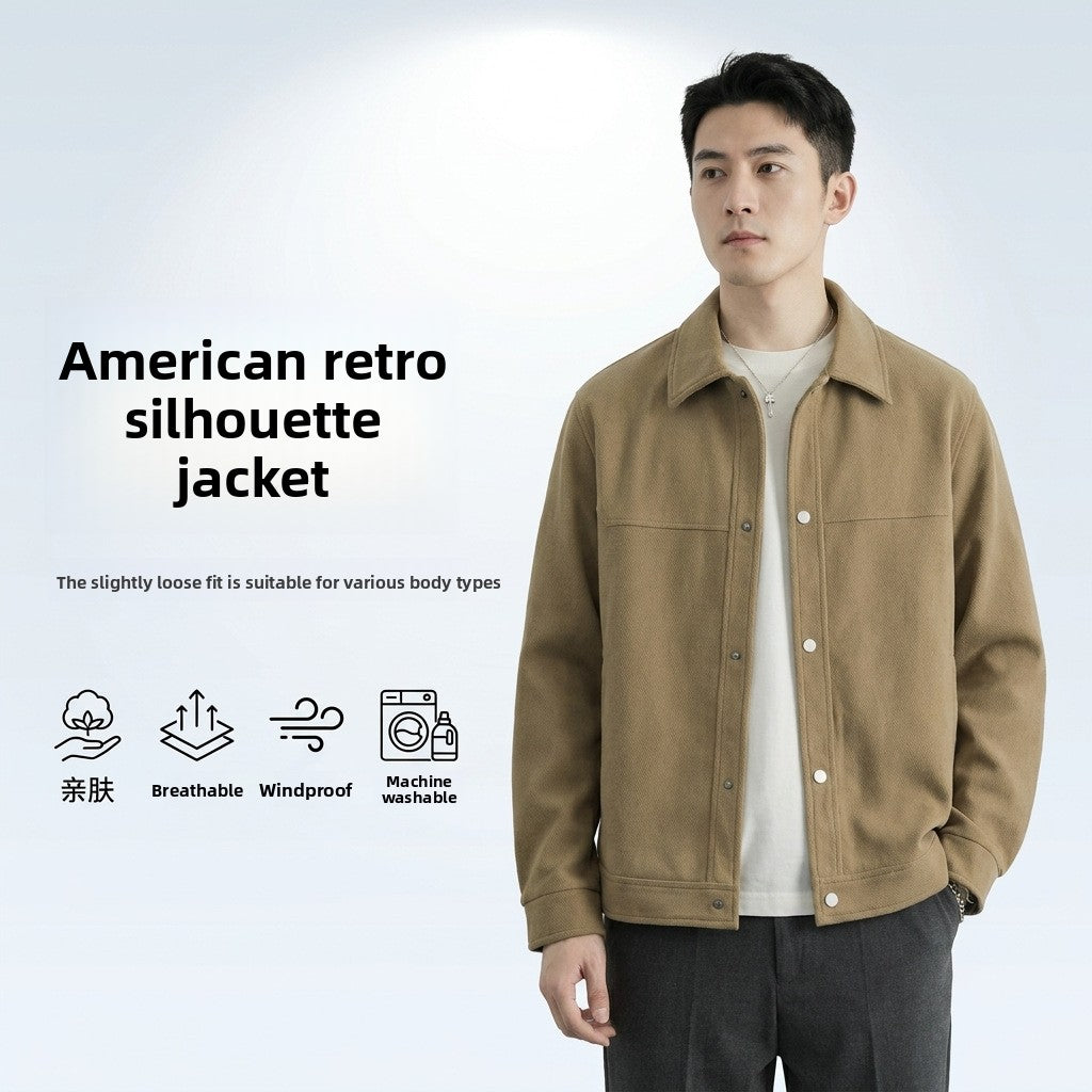 Man in a khaki button front jacket with a turn down collar, text banner beside him on a light background