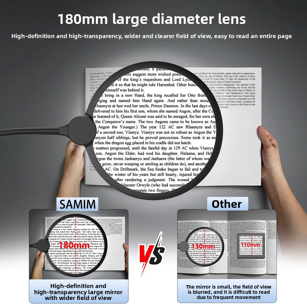 LED magnifying glass shown from the side with the handle and lens