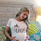 White milk silk maternity short sleeve printed tee with side ruching shown for the product range
