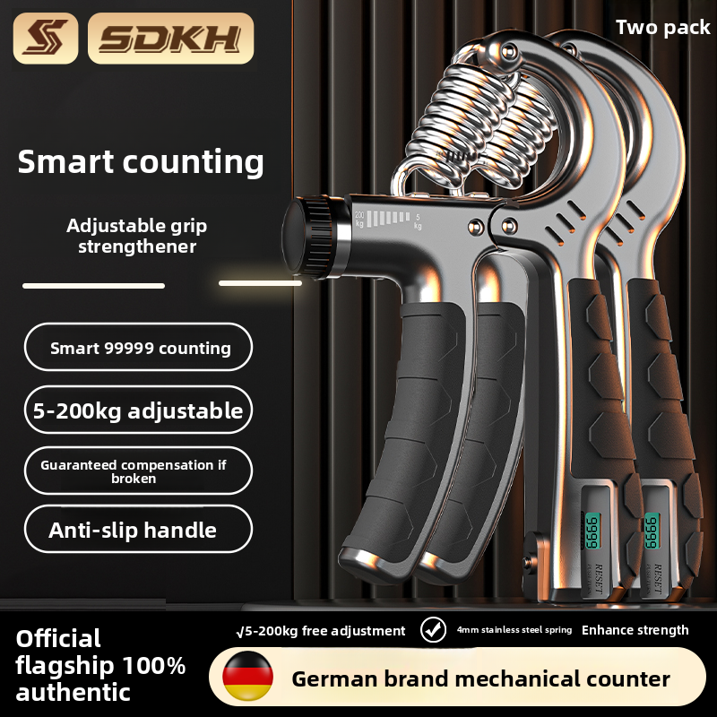 Adjustable grip strength trainer with steel spring, dial, and counter, detail view