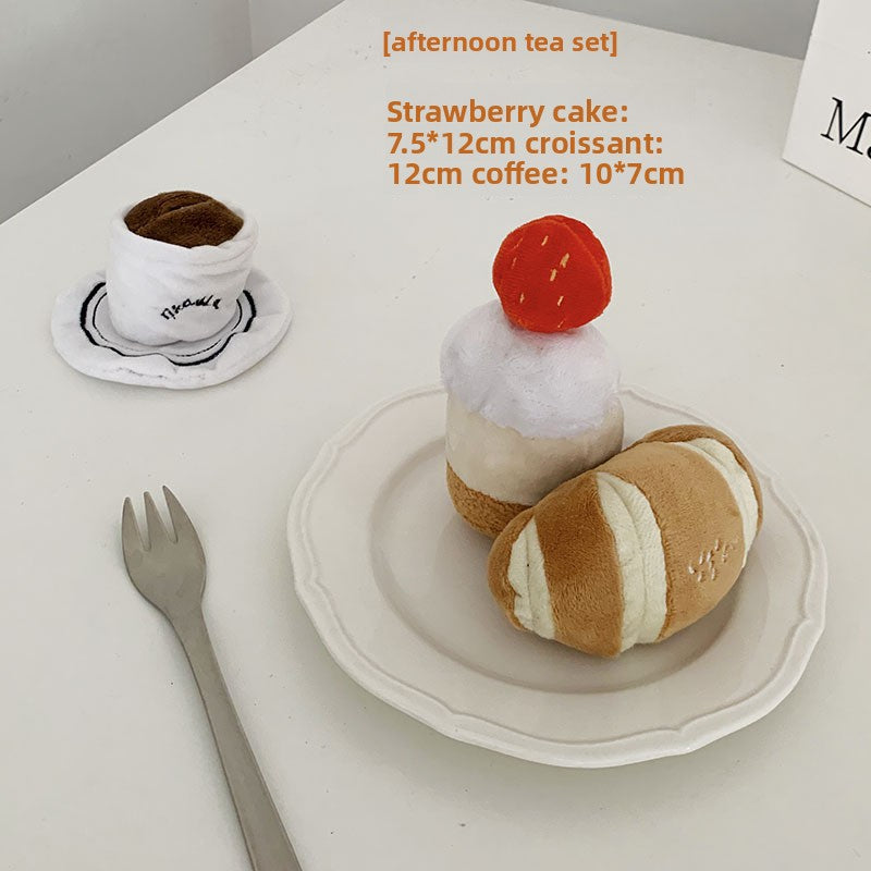 Plush pet toy afternoon tea set, a strawberry cake, a croissant and a coffee cup shaped soft toy