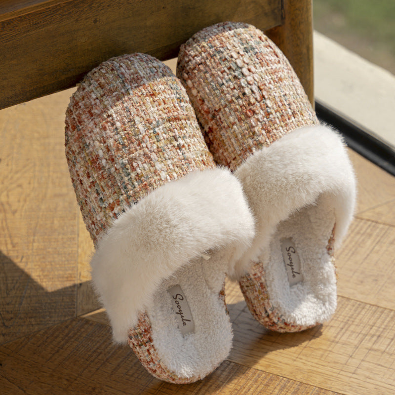 Tan and rust tweed look slippers with a plush faux fur cuff and fleece lining, Tan, size 36-37 option
