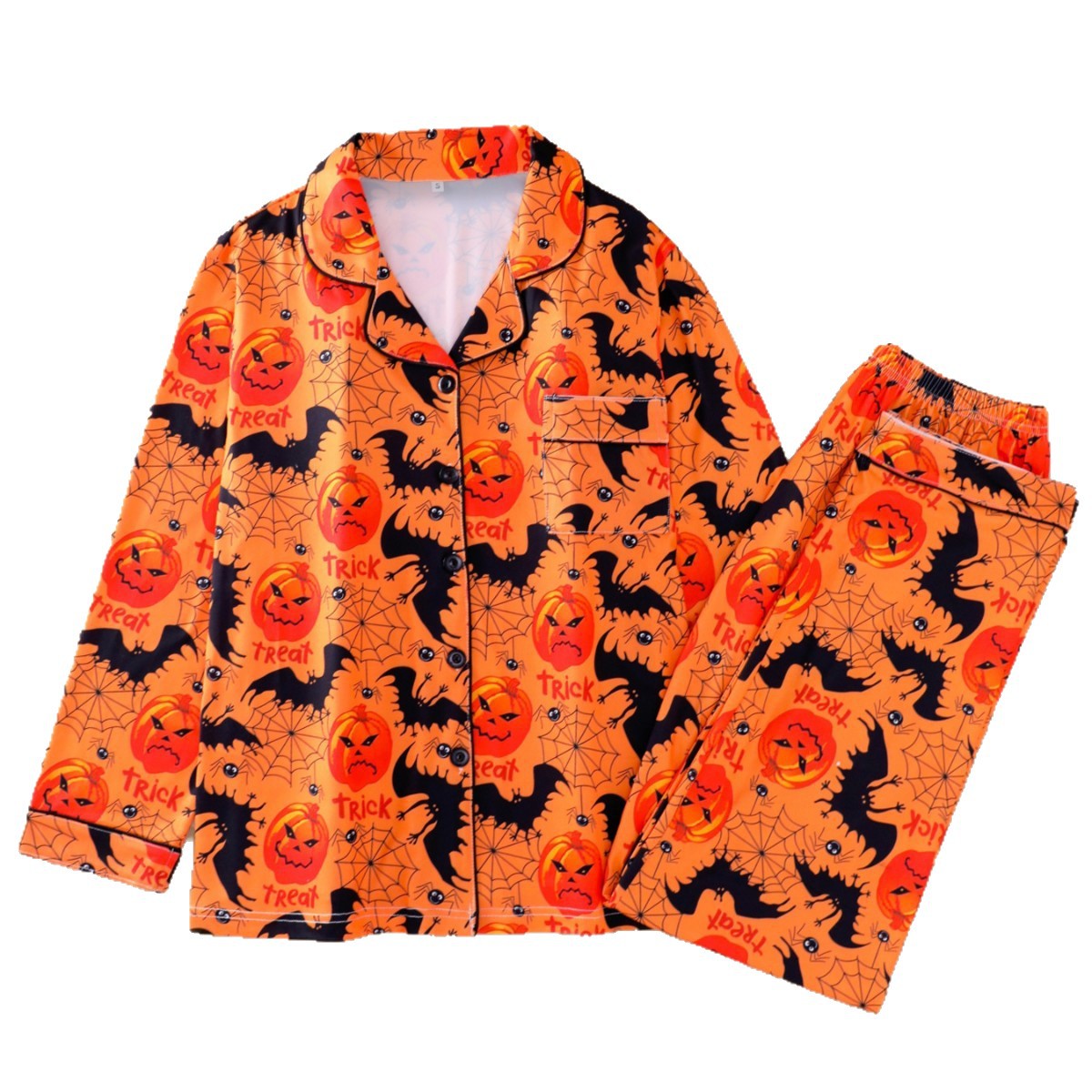 Orange pajama set with black bats and pumpkin faces on white, shirt and pants laid flat