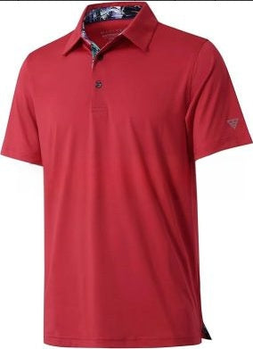 Men's short sleeve polo shirt with a solid body and a printed contrast collar, fitted cut in light polyester