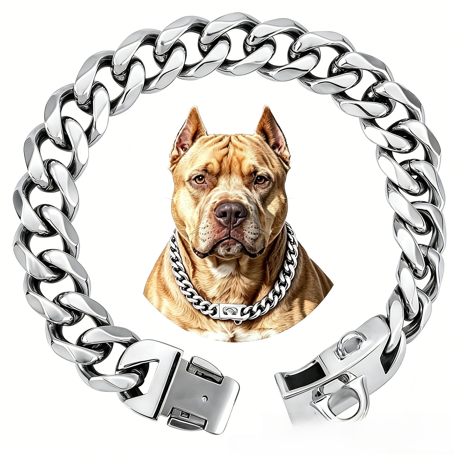 Heavy stainless steel Cuban link dog collar sized for medium and large breeds
