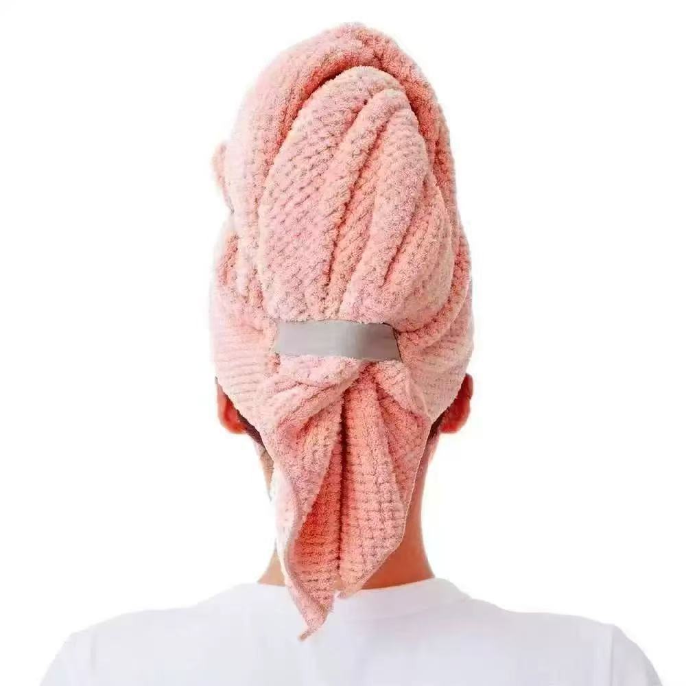 Pink coral fleece hair drying towel wrapped on the head with an elastic strap, photo for the Pink option