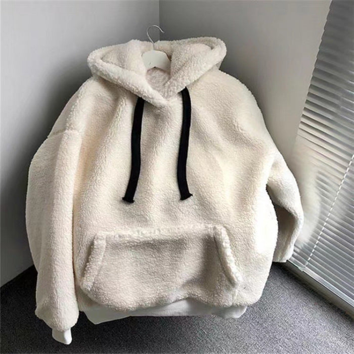Women's gray sherpa fleece pullover hoodie with drawstring hood and kangaroo pocket