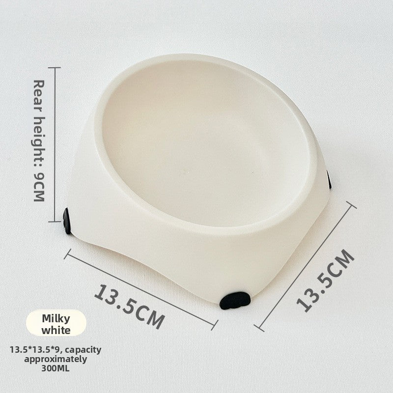 Side view of the gentle tilt and rubber feet on a steel cat bowl stand