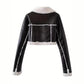 Cropped black vegan leather jacket with sherpa collar shown on the body over dark jeans