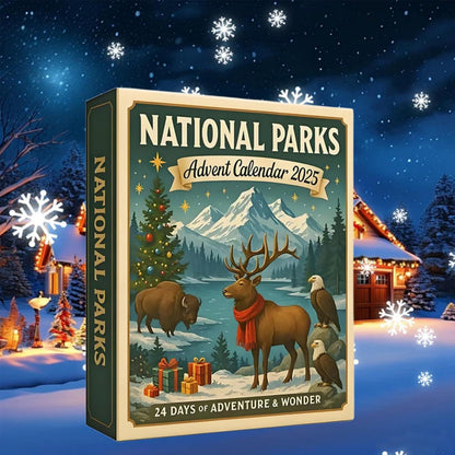 National Parks elk Christmas advent calendar box on a snowy night backdrop