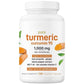 Turmeric curcumin bottle in soft studio lighting with fresh turmeric root accents
