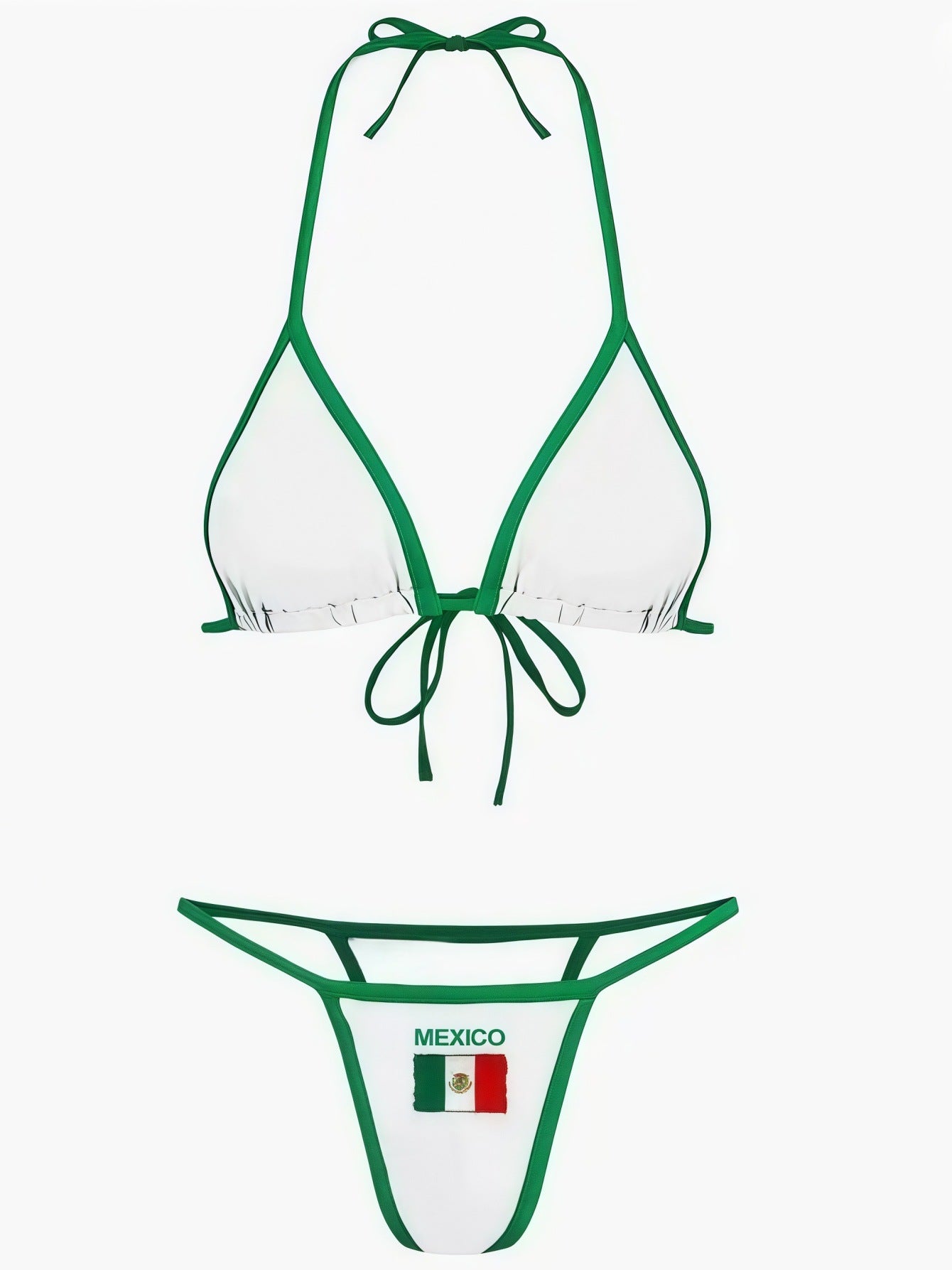 Green Brasil bikini set with yellow bound edges on white background