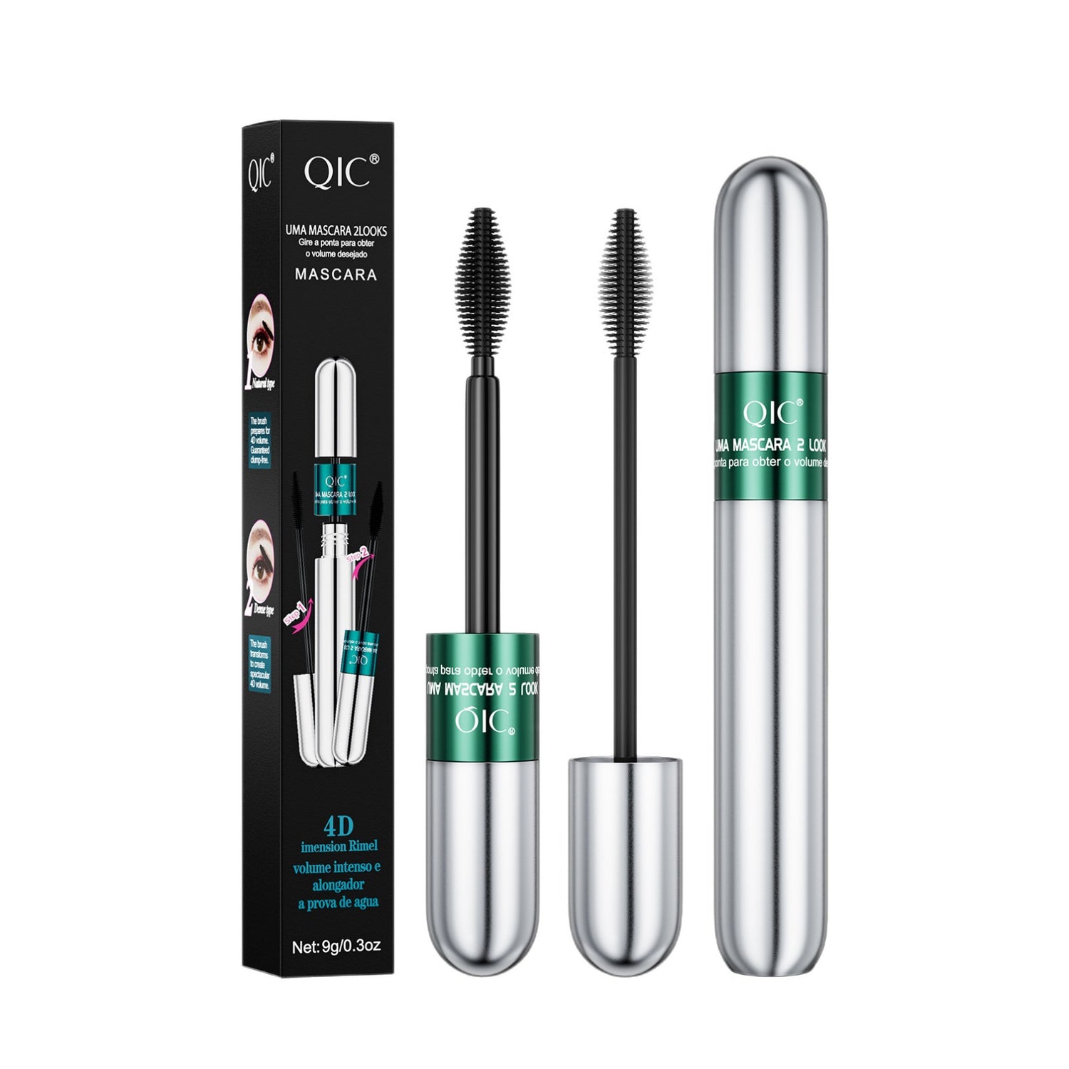 Dual ended waterproof black mascara, silver tube with a fine brush and a dense brush for length and volume