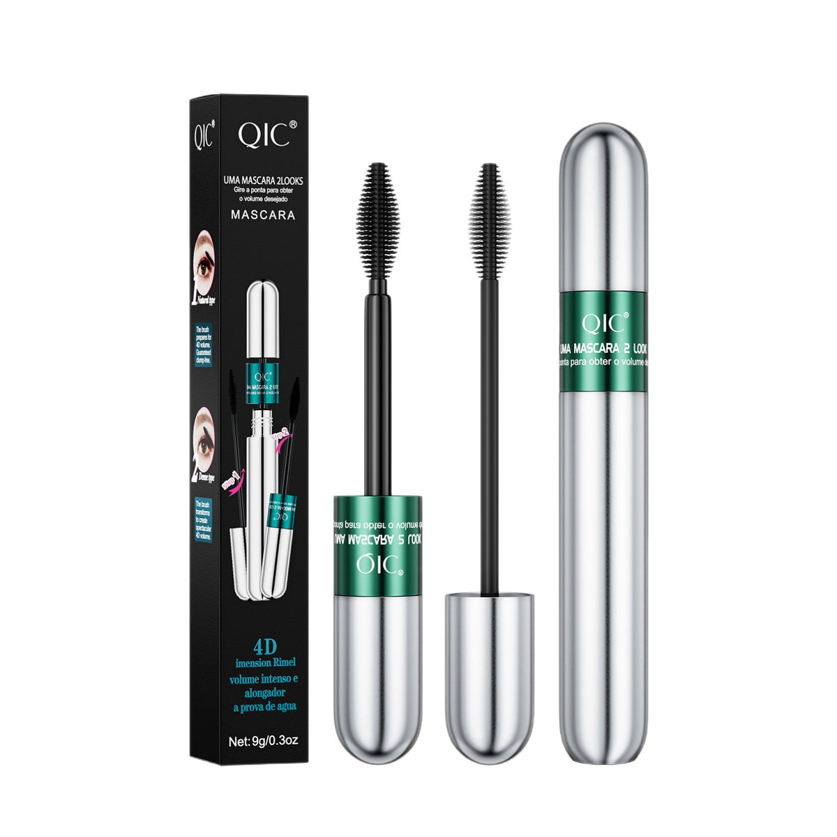 Dual ended waterproof black mascara, silver tube with a fine brush and a dense brush for length and volume