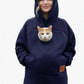 Navy blue fleece pet pouch hoodie on a woman with a cat riding in the front pouch