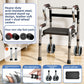Acid resistant steel walking frame, padded seat and four paired castors on a wood floor