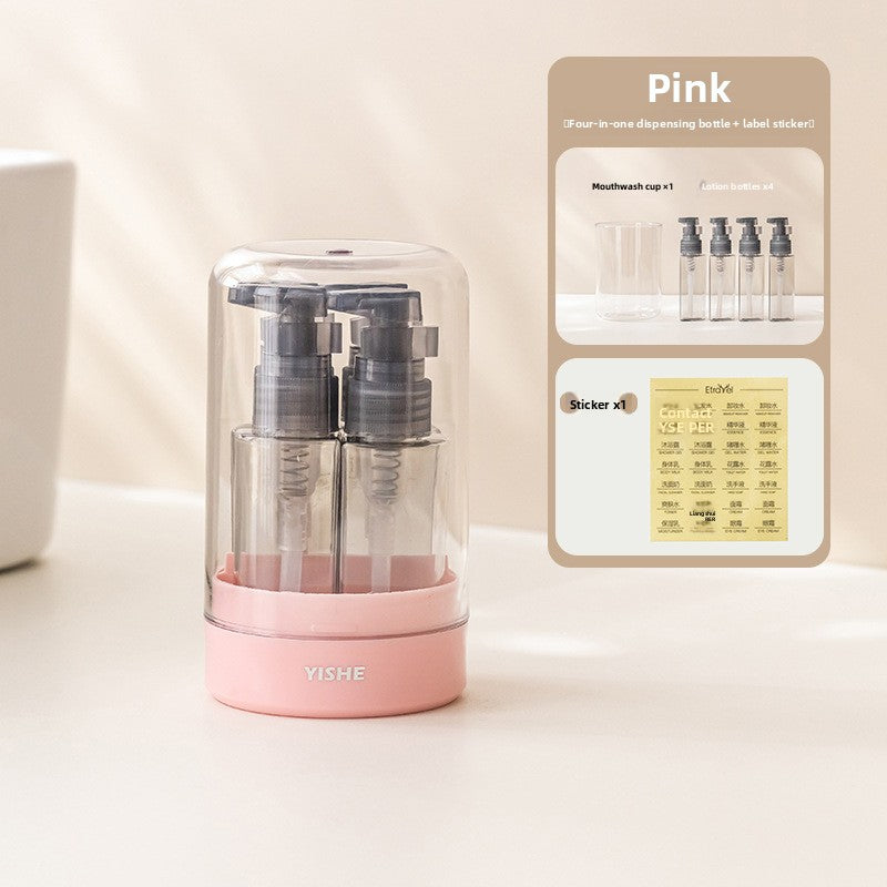 Pink domed travel bottle set holding four small refillable bottles