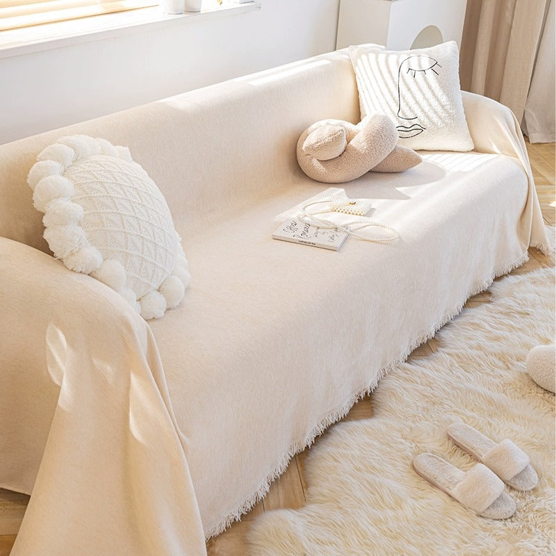 Side profile of the chenille sofa cover showing the soft pile edge detail