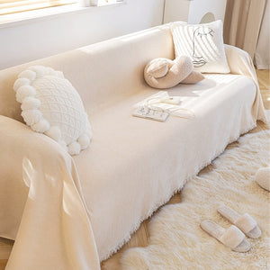Side profile of the chenille sofa cover showing the soft pile edge detail