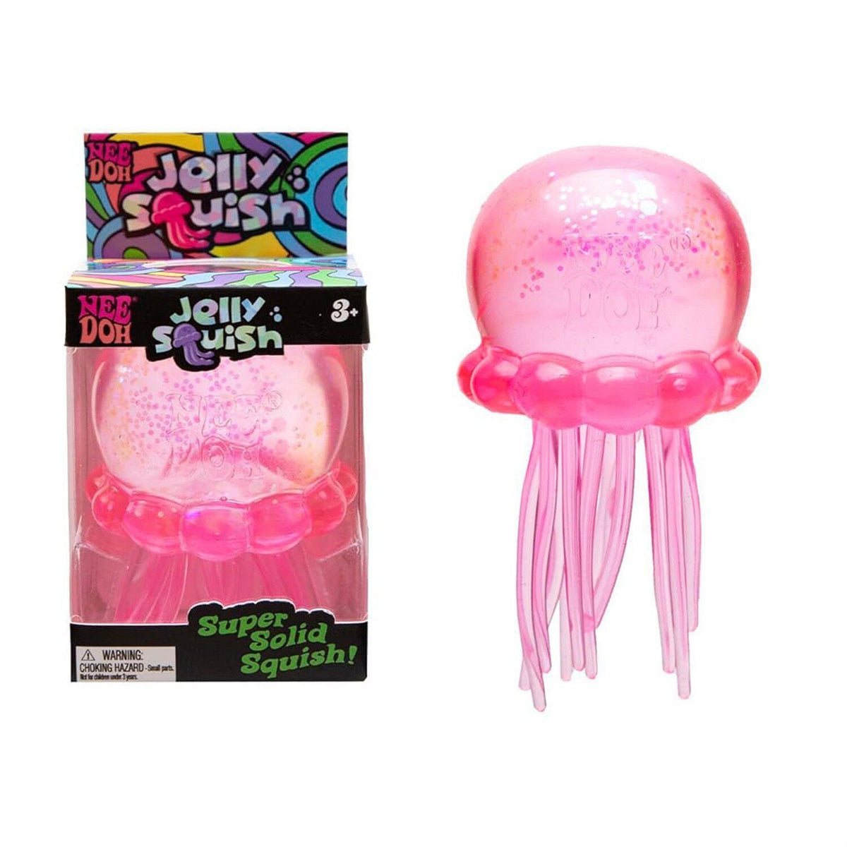 NeeDoh Jelly Squish pink jellyfish beside its boxed Super Solid Squish packaging