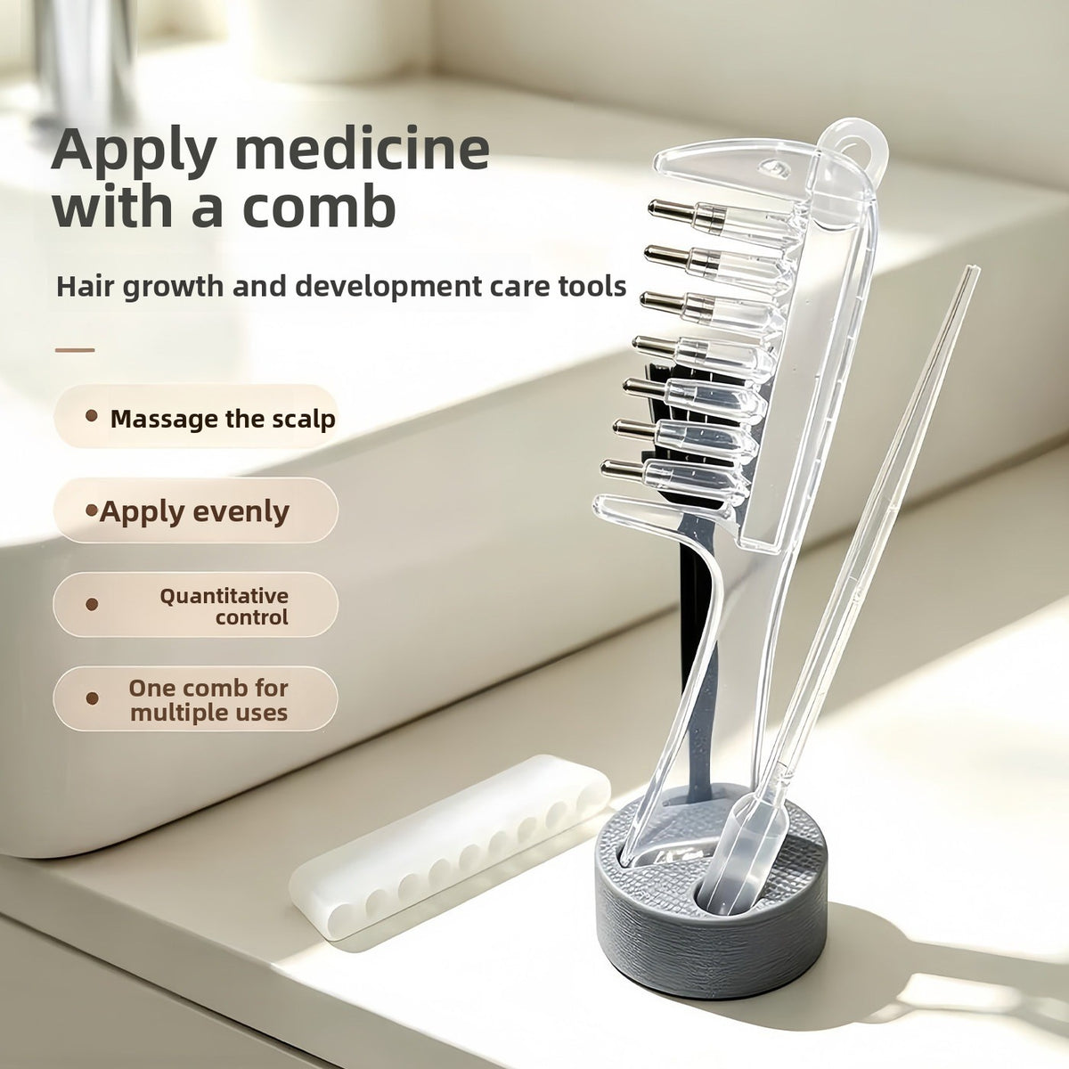 Clear comb with ball tipped teeth standing in a gray holder next to a dropper and a white dust cover