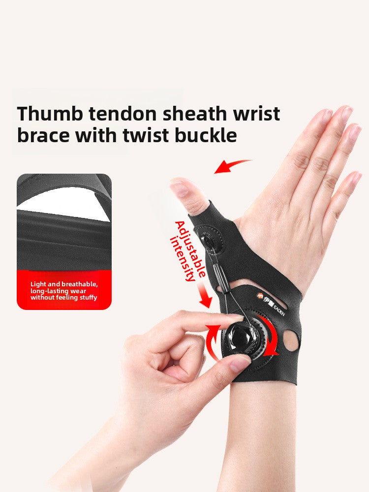 Black thumb and wrist brace worn on a hand with the rotary dial buckle adjusted at the wrist