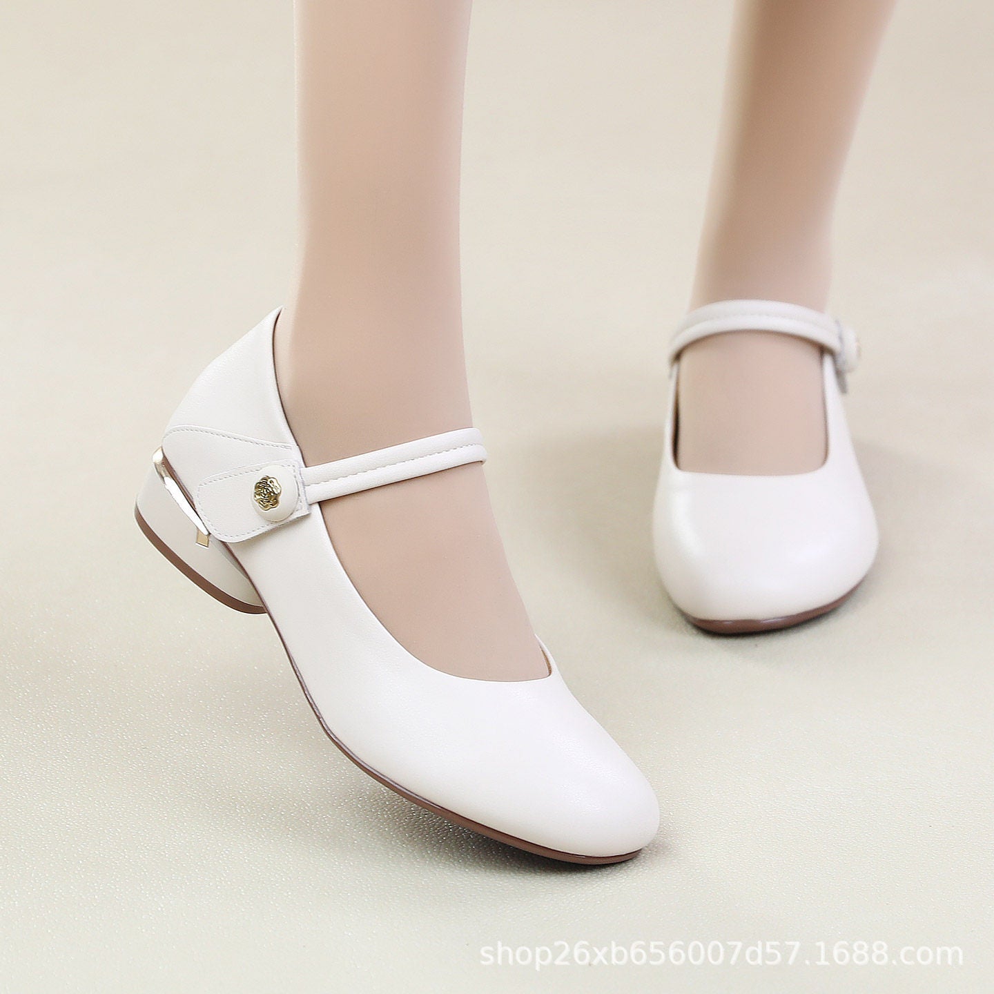 Round toe leather Mary Jane on neutral background