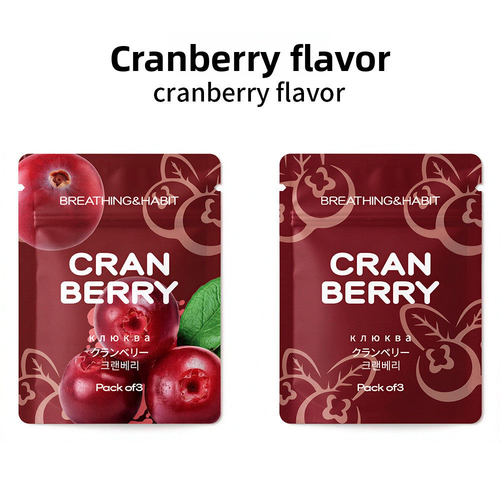 Cranberry scented cotton core sachets, front and back, Breathing and Habit branding, pack of three
