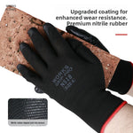 Black nitrile coated work glove gripping a brick with a close up of the textured coating and red cuff trim