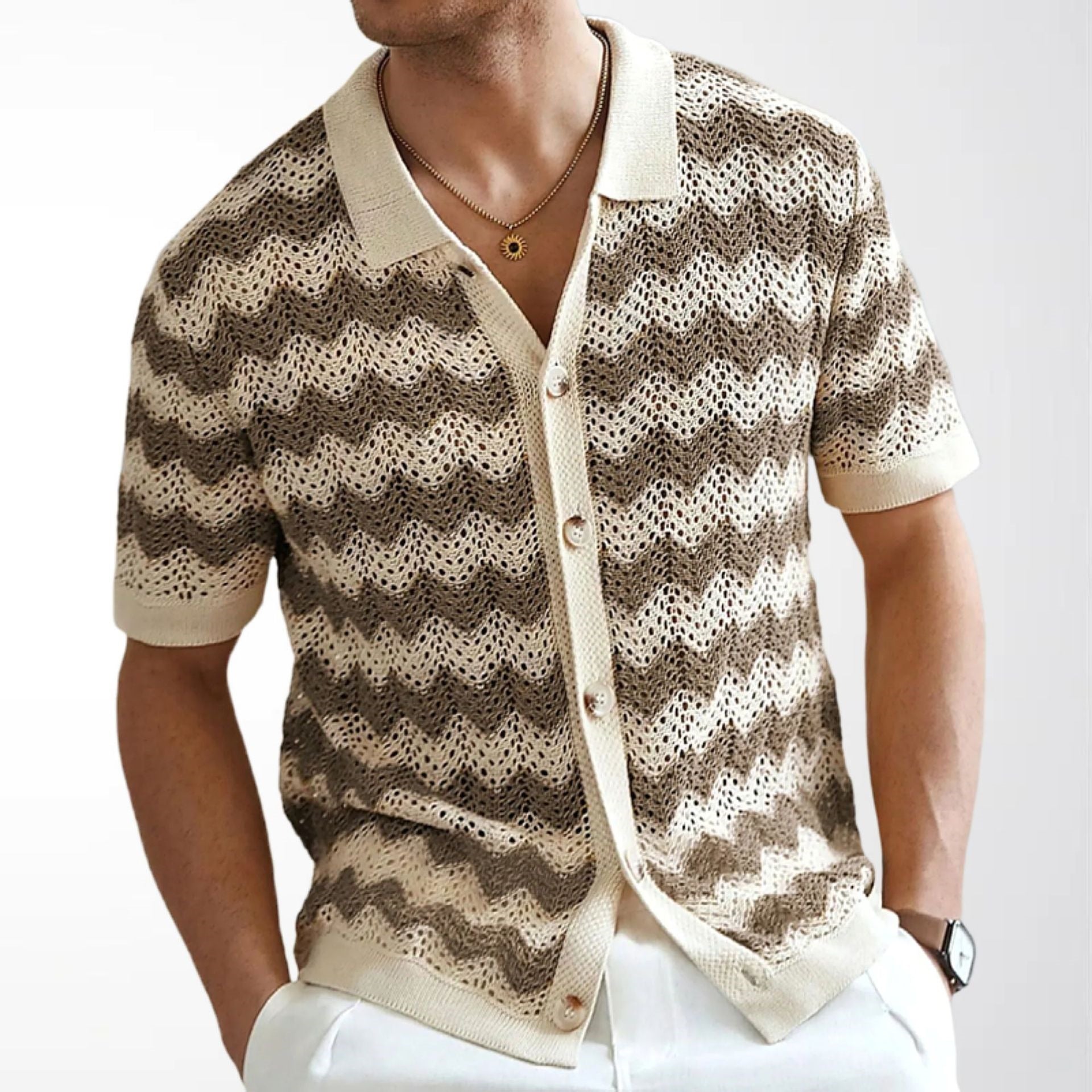 Front view of brown taupe ripple knit button front polo shirt on model