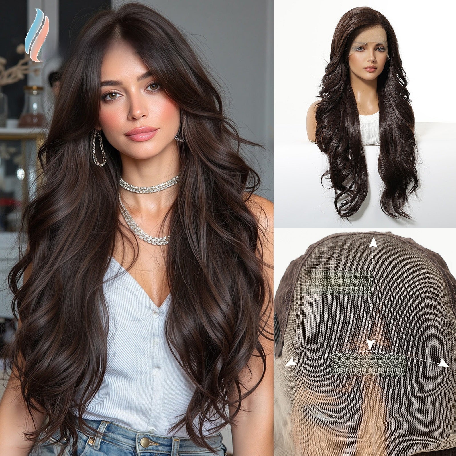 Shade code 1120-1, dark espresso brown long wavy lace front wig with an inside cap and lace panel view