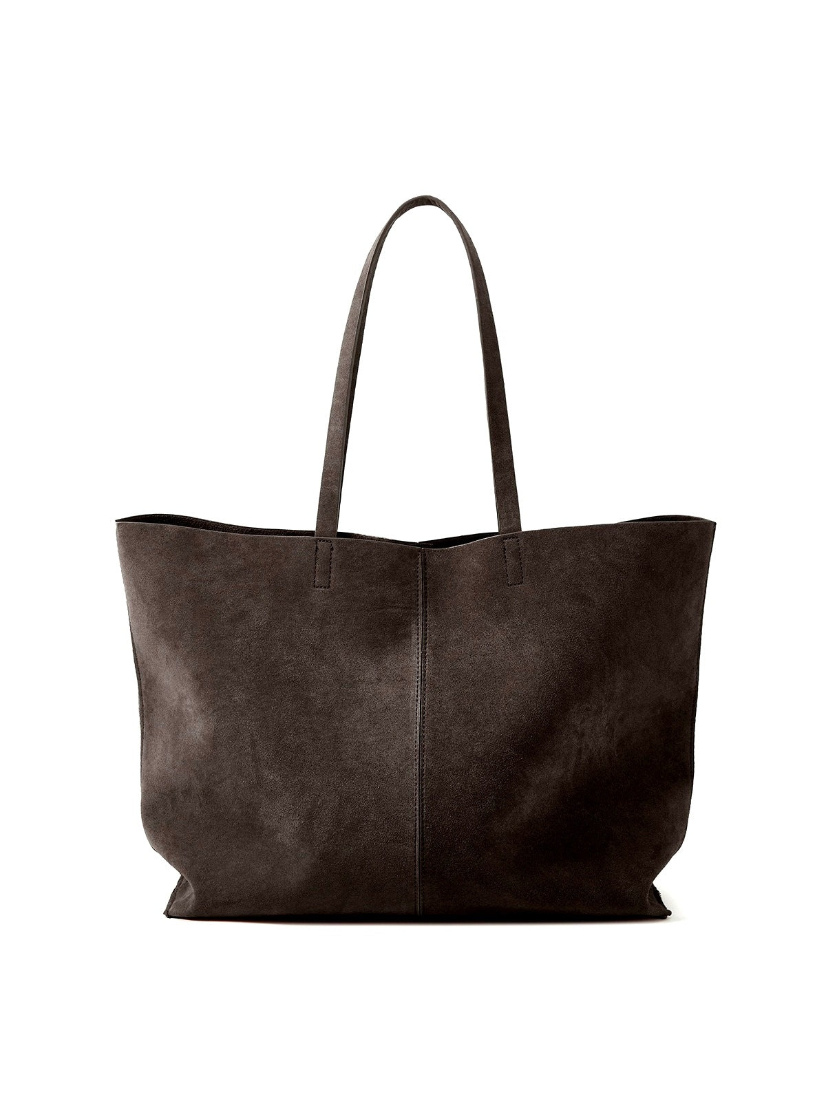 Dark brown sandblasted leather tote bag standing upright with two straps rising in one arch on a white background