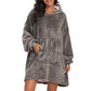 Gray thickened flannel hooded wearable blanket with front pocket, size 150x180 cm