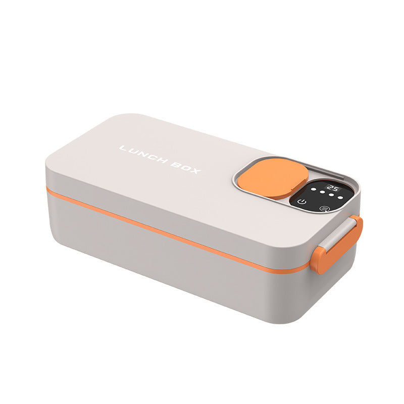 Cream and orange electric lunch box with the lid closed and two side latches on a white background