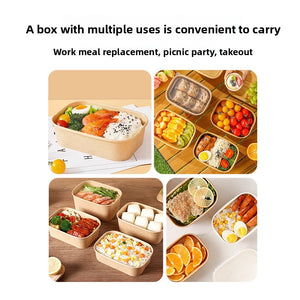 Grid of kraft paper lunch boxes filled with meals for work, picnic and takeaway