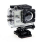 Silver action camera in a clear case standing on its mount bracket