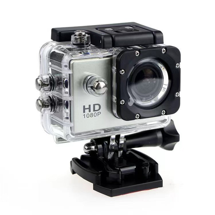 Silver action camera in a clear case standing on its mount bracket