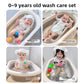 Four photos of babies and toddlers bathing in a cream and gray foldable tub with colorful bath balls