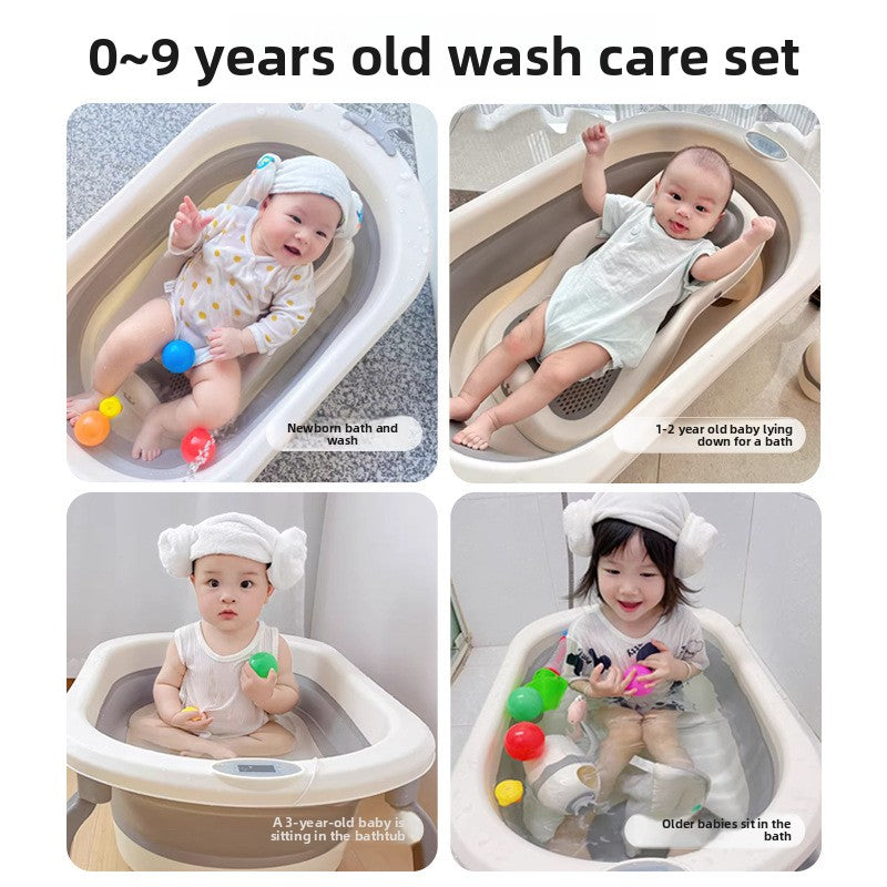 Four photos of babies and toddlers bathing in a cream and gray foldable tub with colorful bath balls