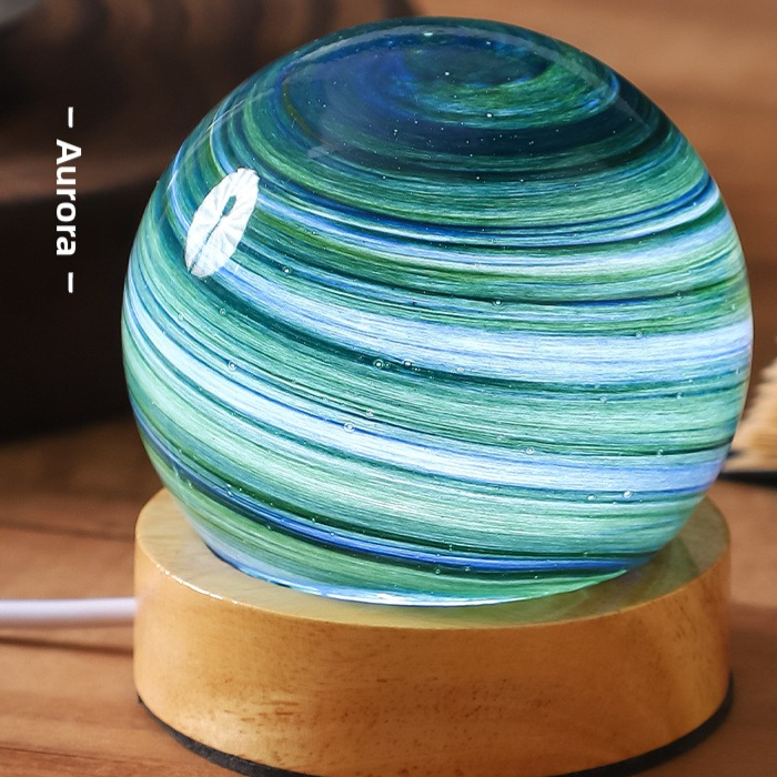 Aurora glass planet night light, teal green swirl, box, USB rechargeable touch, tri-color