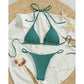 Peacock Green ribbed halter triangle bikini set with tie side briefs, flat lay, size L variant