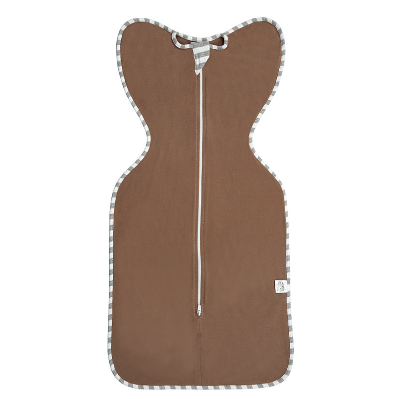 Baby swaddle sleeping bag side profile showing snug sleeveless cotton shape