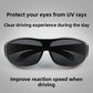 Black wraparound glasses with dark grey lenses and the text Protect your eyes from UV rays on gray