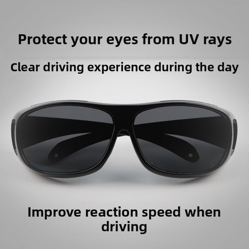 Black wraparound glasses with dark grey lenses and the text Protect your eyes from UV rays on gray