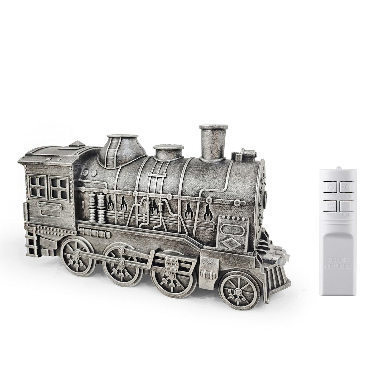 Silver pewter steam locomotive humidifier with remote control, US plug option